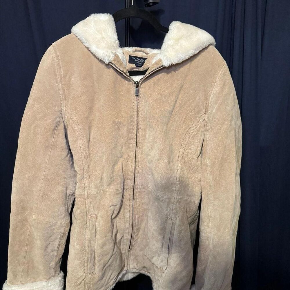 Y2K Sonoma Genuine Suede Jacket Faux Fur Trim Tan Zip Up